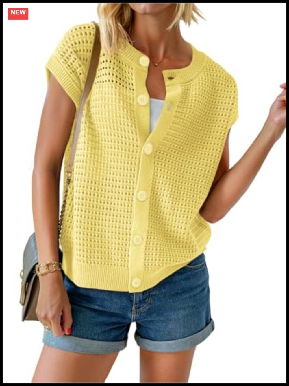 Crochet Button Down Sweater Vest Cap Sleeve Knit Cardigan